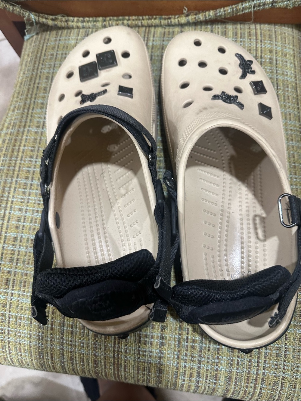 MCM Beige Ventilated Clog Sandals with Black Straps Comes with Pouch